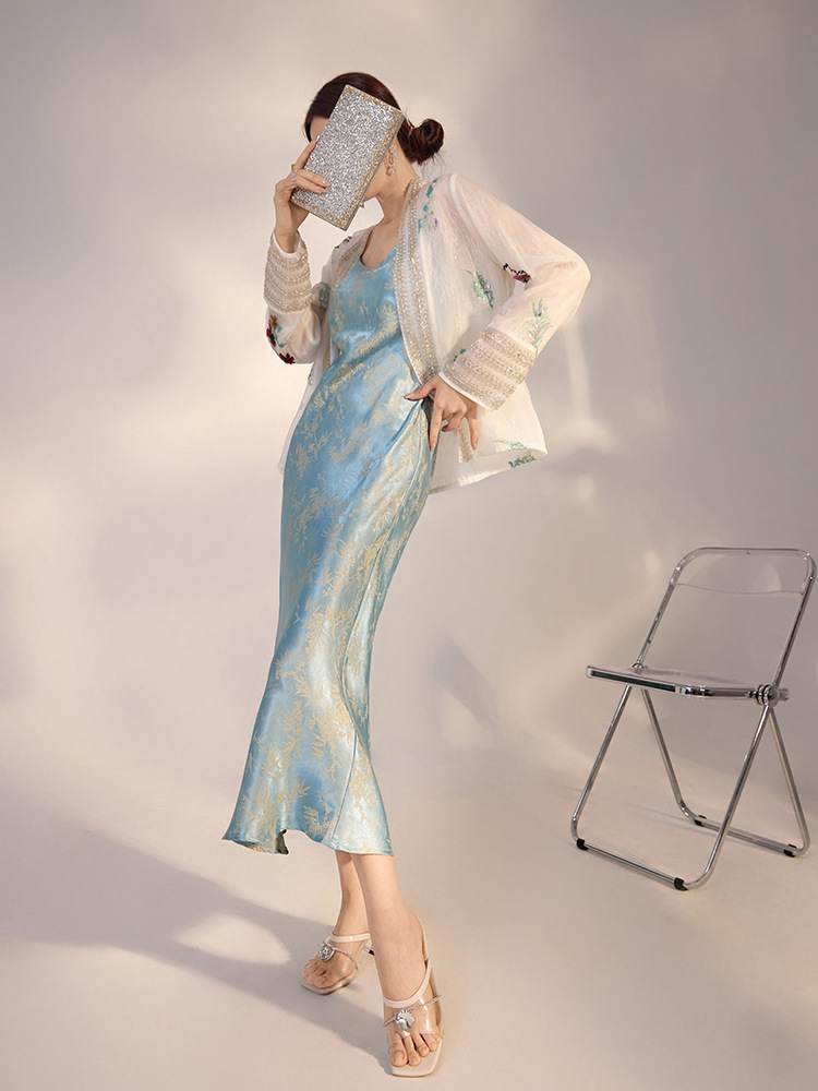 Đầm ôm body nữ dáng dài chất rayon họa tiết lá tre xanh — Màu xanh nước hồ