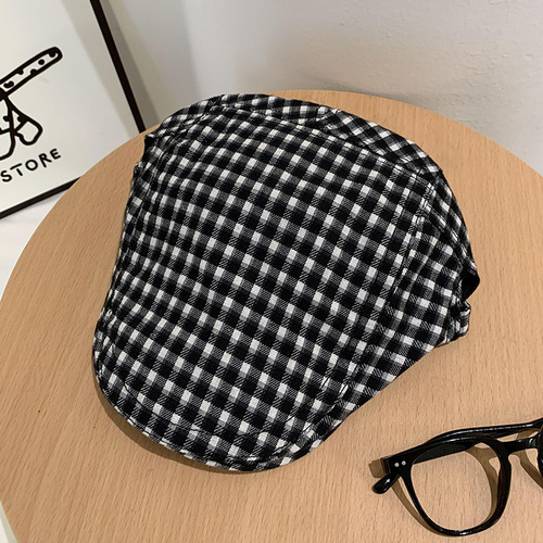 Vintage Japanese beanie for women, suitable for spring and summer, versatile, grid pattern, makes face look smaller, newsboy hat, painter's hat, large head circumference, forward hat, trendy