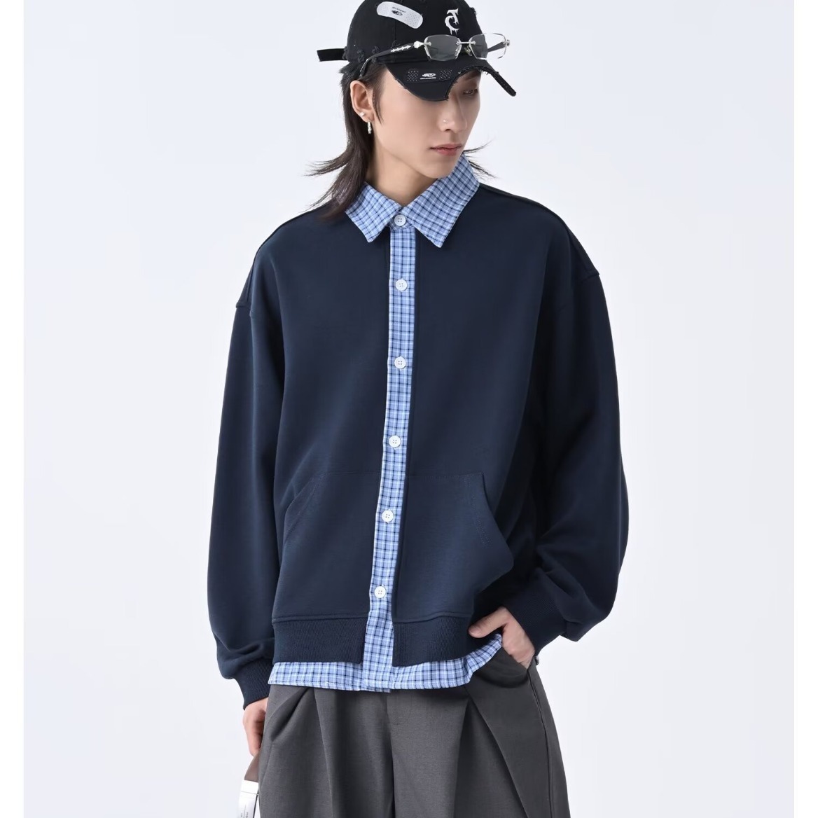 Retro Hoodie Cardigan Men's Autumn Checkered Patchwork Lazy Style Couple Jacket_voghion.com