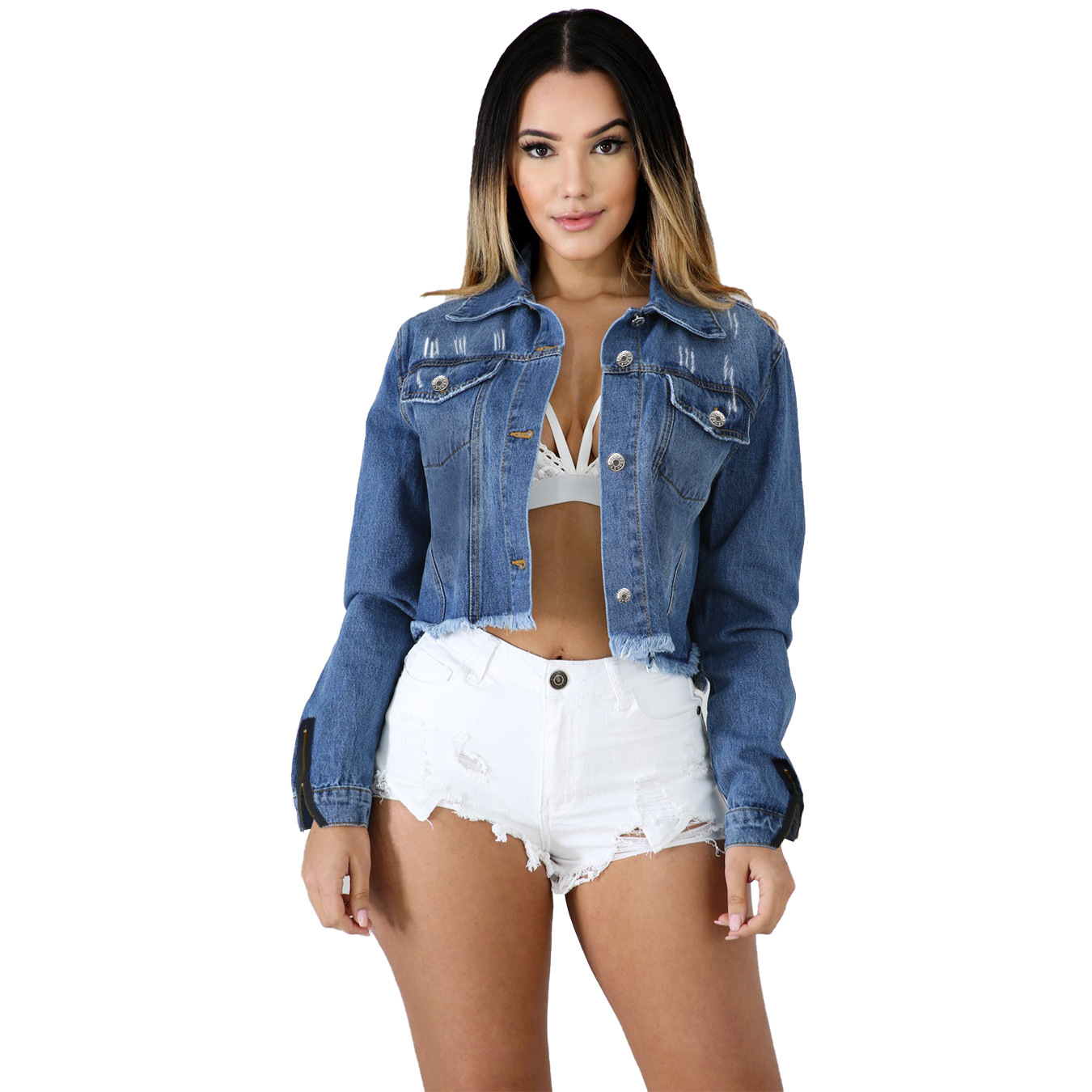 Zipper Short Style Long Sleeve Denim Jacket NSGYY115964