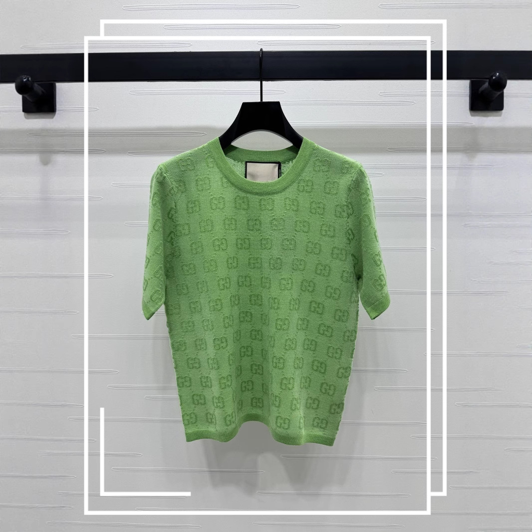 2025新款潮牌J家针织衫女纹理圆领短袖冰丝上衣气质毛衣打底衫