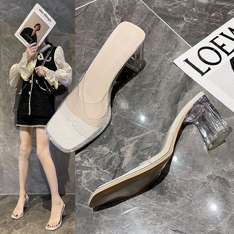 Wedge Slippers 2023 Spring One-word Transparent Women's Shoes Live Online Celebrity Small Chanel Style Square Head Chunky Heel High-heeled Shoes