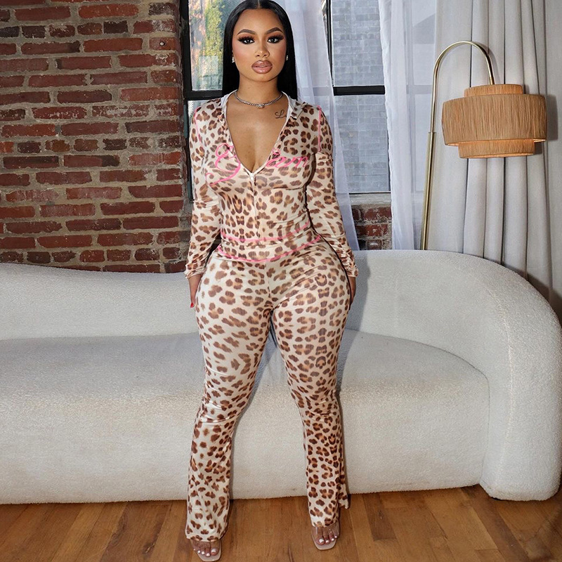 Cross-Border European And American Style 2024 Summer New Printed Hooded Cardigan Top Leopard Print High Waist Tight Long_ecoleips.com