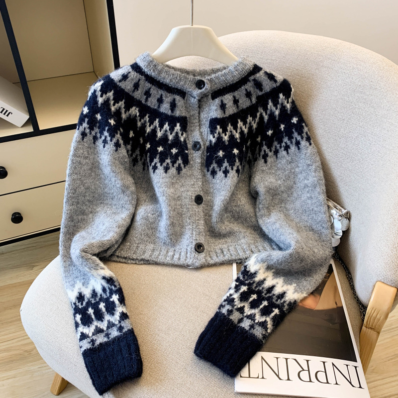 Nordic Fair Isle Short Knit Cardigan - Cozy Cropped Sweater For Women, Versatile Layering Piece, Retro-Inspired & Slimming_ecoleips.com
