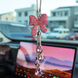 Car Pendant High-End Crystal with Diamonds for Women Rearview Mirror Decoration Car Interior Hanging Ornament Bow Tie Car Interior Decoration Cross-Border