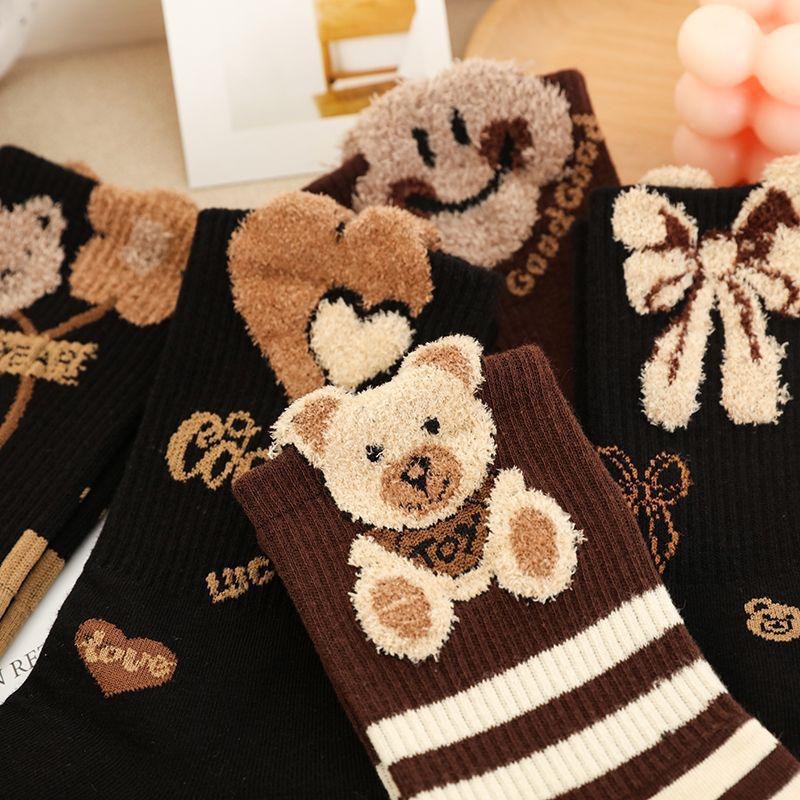 Socks, autumn and winter, coffee color, ins, little bear feathers, ladies' net red middle tube, cute three-dimensional_voghion.com