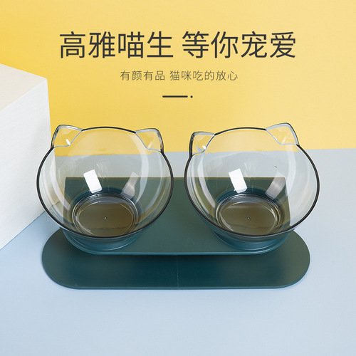 P wholesale tilted transparent cat ears pet double bowl cat bowl two-in-one internet celebrity neck protection cat bowl