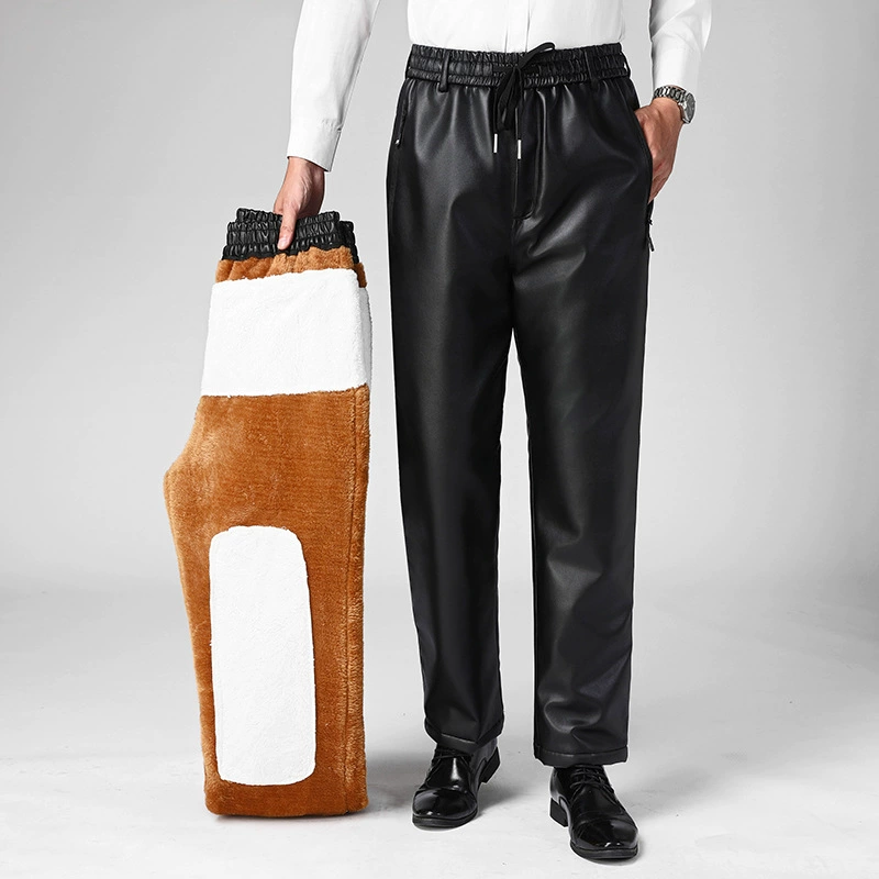 Мужские кожаные брюки с флисовой подкладкой, повседневные зимние брюки, подходят для мужчин среднего и старшего возраста, устойчивые к холоду, ветрозащитные, из кожи и меха, теплые хлопковые брюки, из полиуретана.