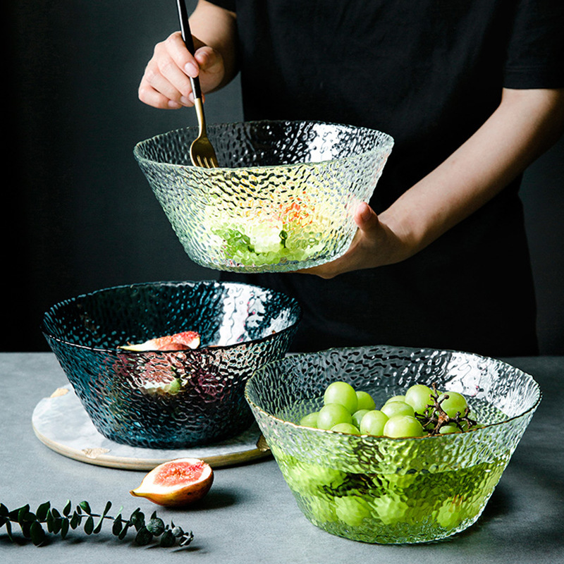 New glass hammered salad bowl flat bowl blue purple transparent fruit bowl flat bottom high gold rim glass bowl