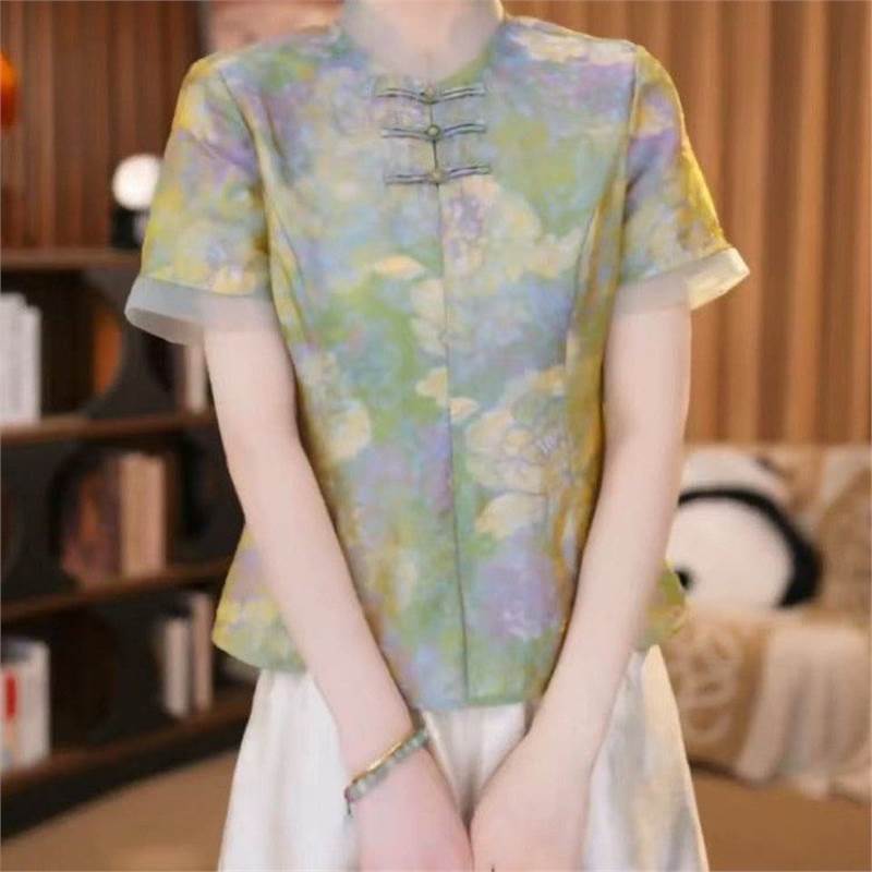 Live-Streamed Hot-Selling New Chinese-Style Blouse 2026 Summer New Elegant Light Luxury Jacquard Short-Sleeve Trendy Top