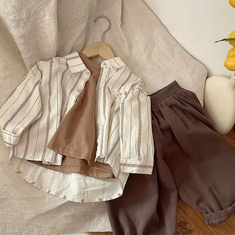 森系复古风纯棉韩国儿童装春夏新款竖条衬衫男女宝宝气质潮宝洋气