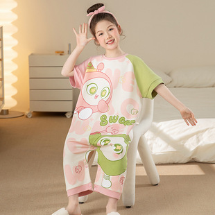 Girls' Summer Thin Cotton Nightgown for Babies, Medium and Large Kidsren, Anti-Kick Quilt, Cute Belly Protection, Kidsren's One-Piece Pajamas, Short Sleeves