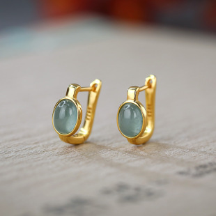 S925 Silver Gold Plated Natural Jade Blue Water Egg Face Ear Buckle Simple Daily Elegant New Chinese Style Women's Earrings