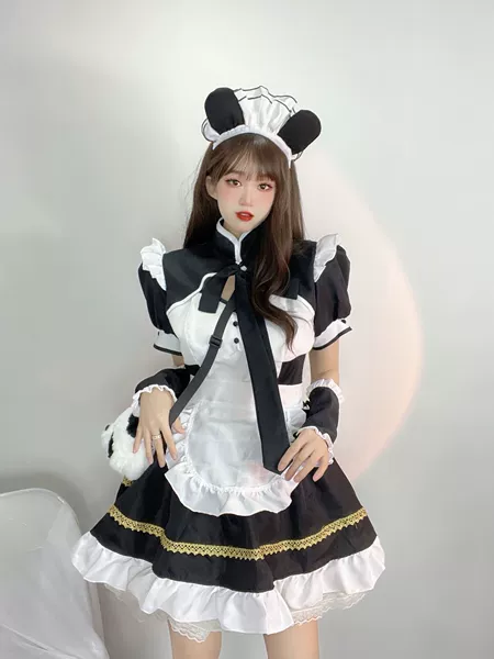 Black hair accessory, dress, gloves, tie, apron