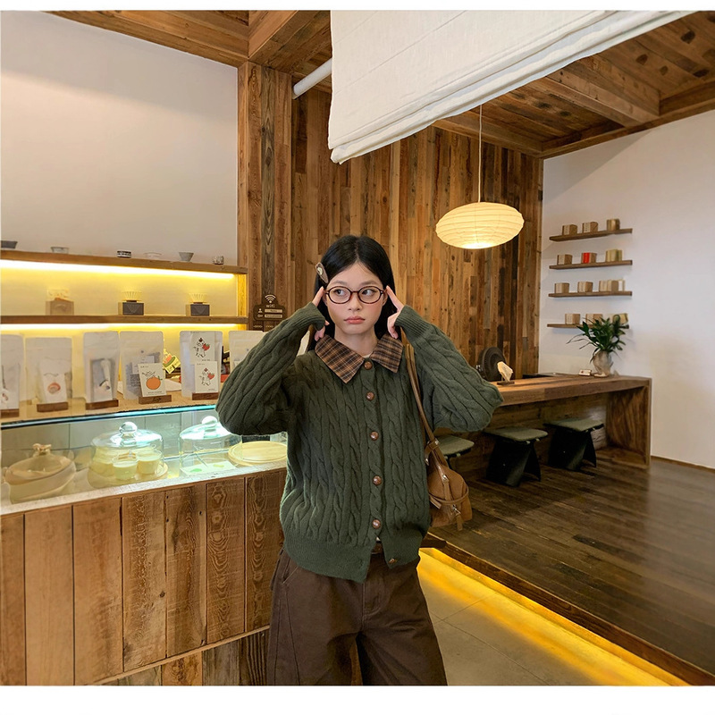 Korean Olive Green Plaid Fake Two-Piece Knitwear Cardigan Women's Lazy Style Loose Lapel Long-Sleeved Jacket