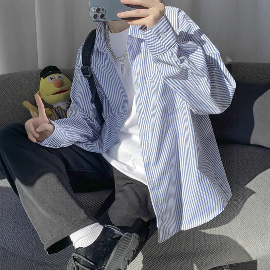 Blue and White Stripesd Shirt Men's Long-Sleeved 2024 New Summer Thin Shirt Hong Kong Style High-End Casual Couple Jacket