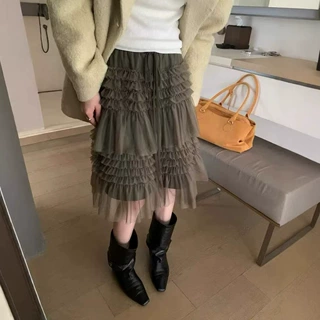 韩女穿搭层叠抽绳网纱蛋糕裙中裙女装韩代小众设计感蓬蓬纱裙半裙