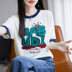 やせて見える2025春夏新作減齢洋気半袖メリヤス婦人服ジャカード丸襟tシャツショートコート