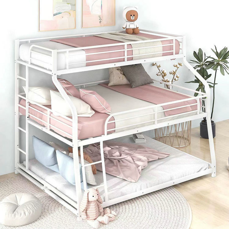 Venta caliente transfronteriza cama de tres pisos superior, media e inferior, cama de dormitorio para estudiantes y personal, clase de custodia para niños, fábrica de camas de apartamentos de doble capa de arte de hierro