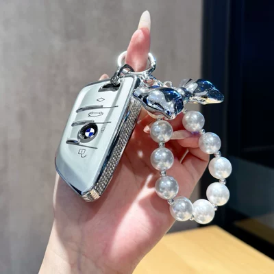 Car key bag | women's key case - bmw-a-series-silver-side-embellishments-pearl-bow