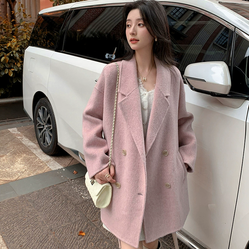 Высоковысокая версия осеннего и зимнего нового детского бархатного пальто корейская двусторонняя шерстяная шнуровка розовая короткая шерстяная куртка шерстяная двухсторонняя