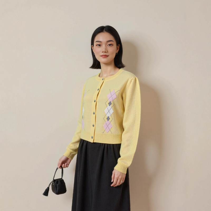 2025 New Autumn and Winter All-Wool Knitted Cardigan Women's Round Neck Rhombus Check Contrast Jacquard Sweater Jacket Top