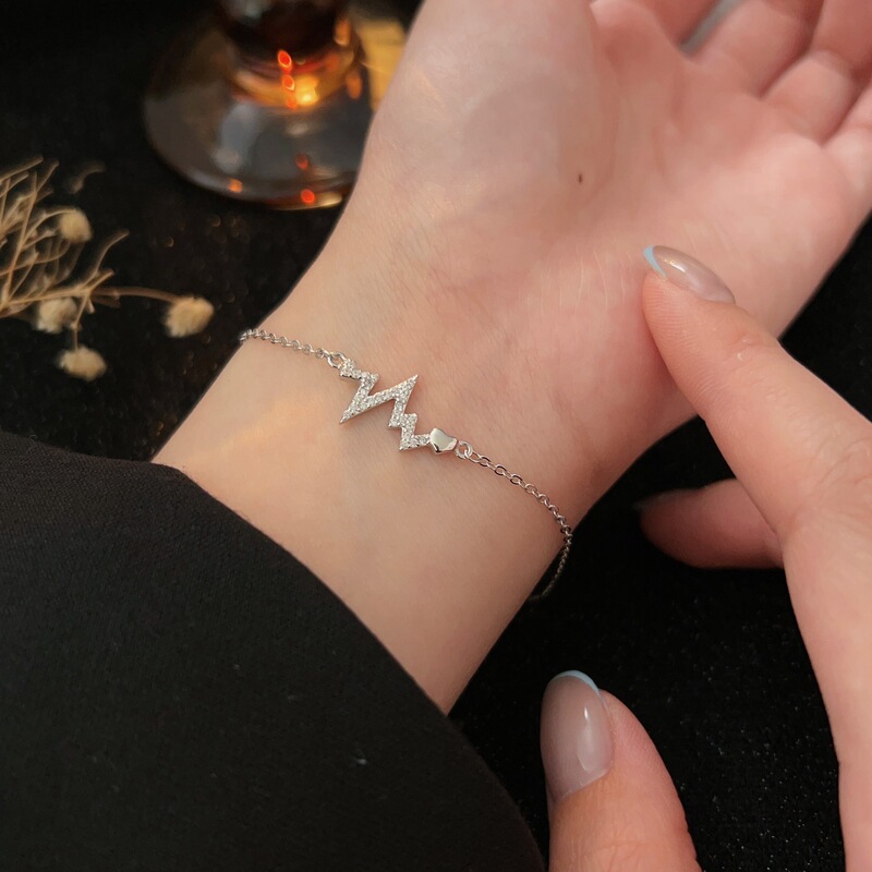 Chiheng S999 Pure Silver Heartbeat Frequency Bracelet for Women, Exquisite Fashion Creative Minimalist Lightning Wave Jewelry Trend