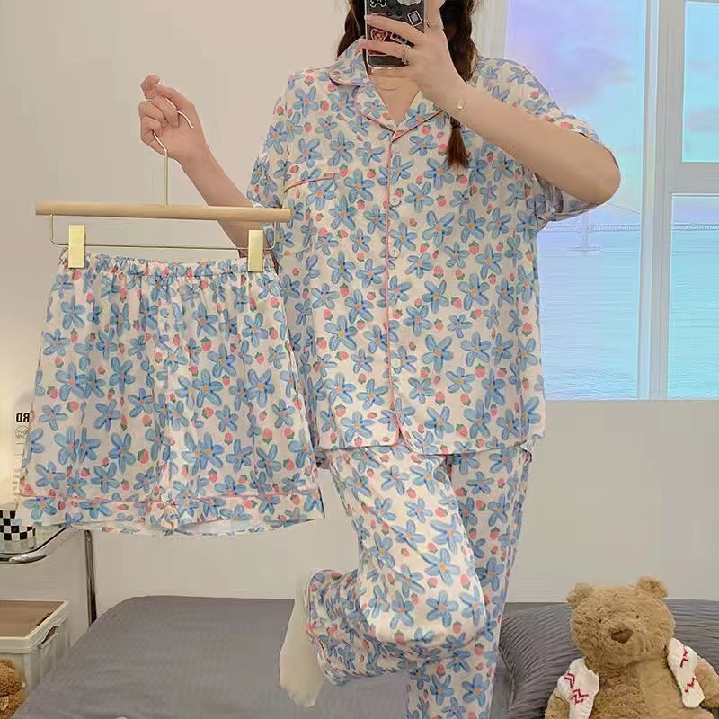 Pijamas mujer verano celebridad en línea pantalones cortos de manga corta para mujer Pantalones cardigan traje de tres piezas de dibujos animados ropa de hogar delgada primavera y otoño