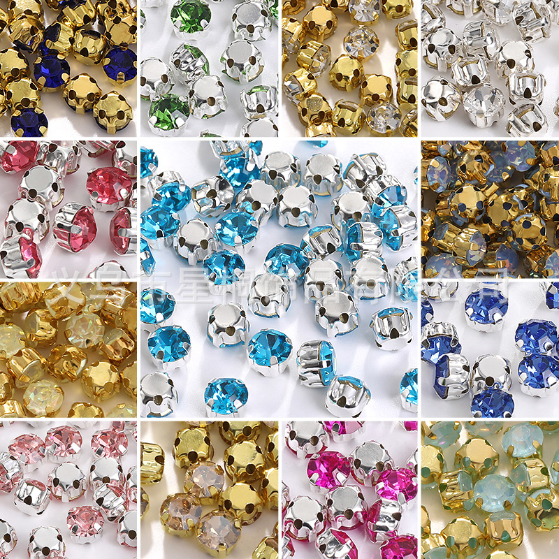 Cross-border four-corner claw drill color round glass hand-sewn drill DIY dress wedding shoes hand-sewn drill clothing accessories