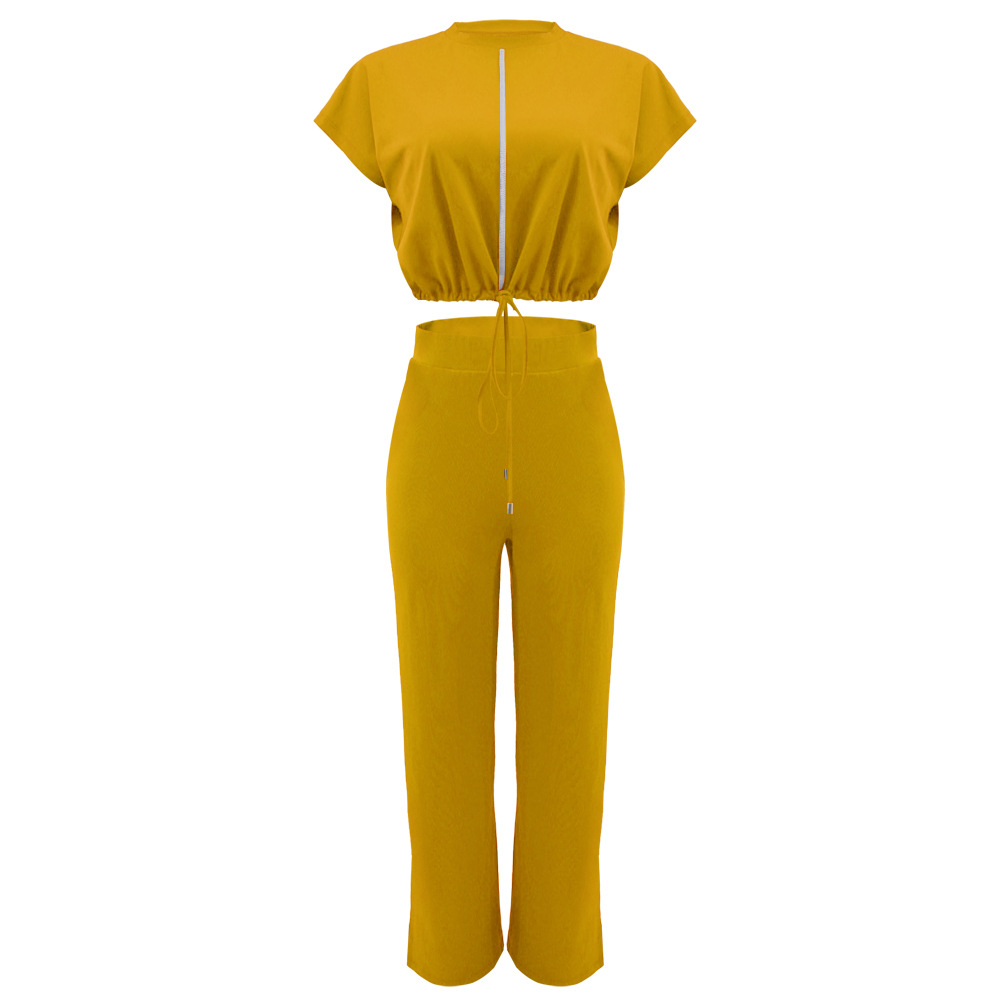 Summer Drawstring Short Top High Waist Slit Women Trousers Two Piece Suit 7 Summer Drawstring Short Top High Waist Slit Women Trousers Two Piece Suit