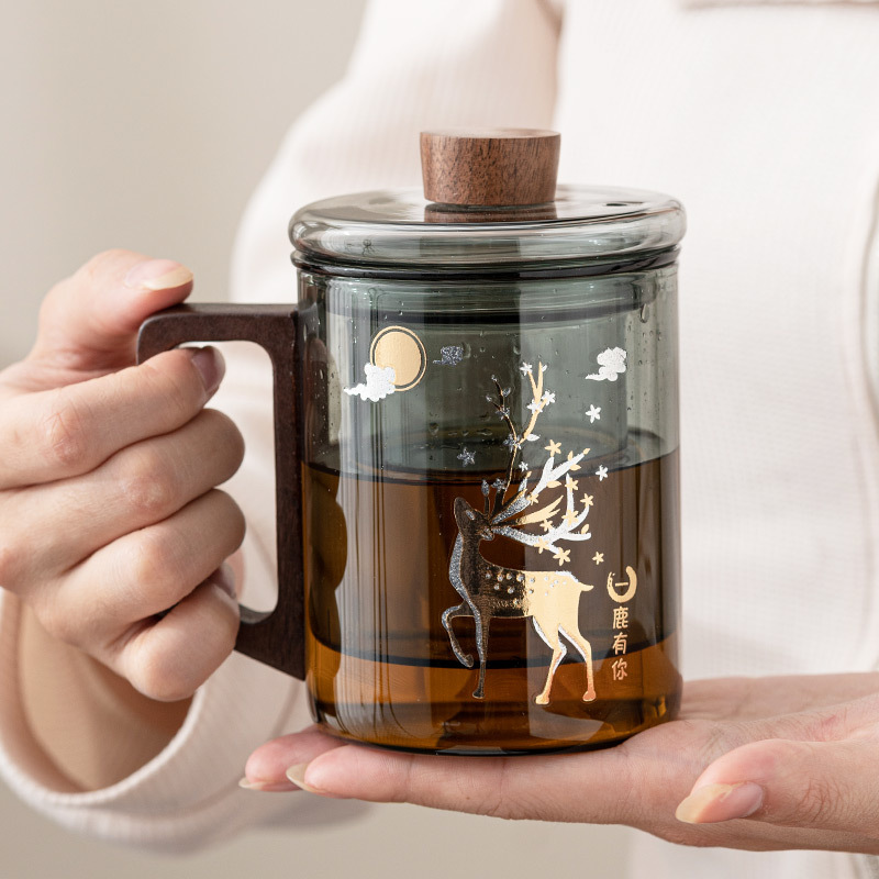 一路有你玻璃茶杯茶水分离杯子高档办公室喝茶水杯日式泡茶杯男女
