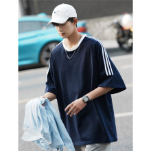 夏季圆领半袖T恤男士三条杠宽松青少年美式夏装衣服男潮流体恤衫