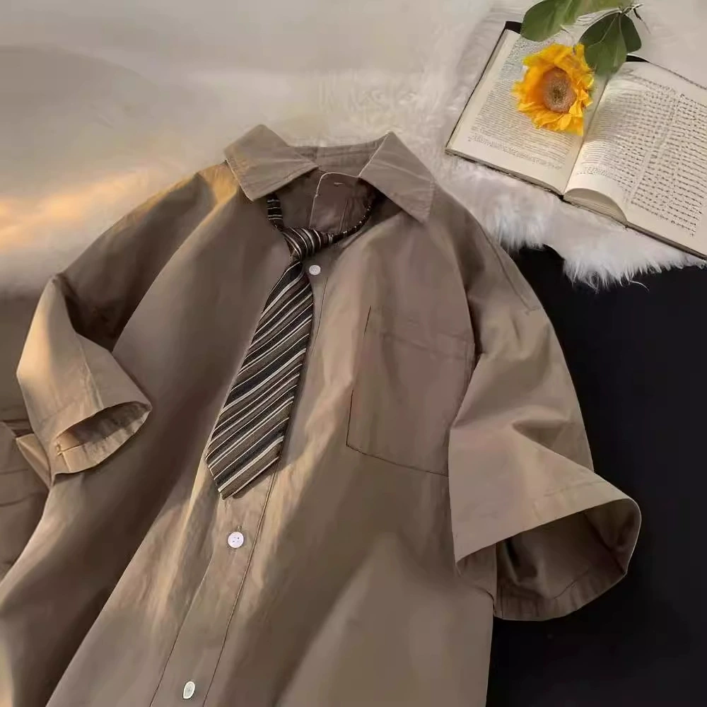 Summer thin brown shirt, uniform, Japanese set, plus size