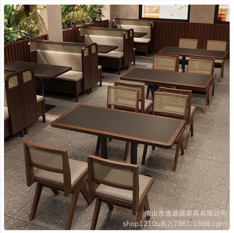 Rustic Style Solid Wood Rattan Woven Booth Sofa Table and Chair Set Dining Table for Restaurant Hot Pot Barbecue Meat Restaurant Commercial Use Rustic Style Solid Wood Rattan Woven Booth Sofa Table and Chair Set Dining Table for Restaurant Hot Pot Barbecue Meat Restaurant Commercial Use