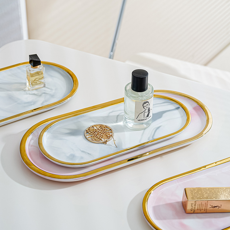 Nordic marbling borde de oro oval placa creativa cerámica occidental Placa de postre ins estilo joyería bandeja de almacenamiento