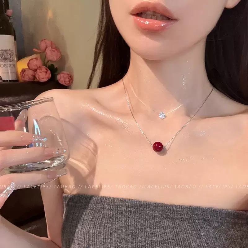 安可拉红圆珠项链女款叠戴锁骨链2025新款高级感小众颈链百搭配饰