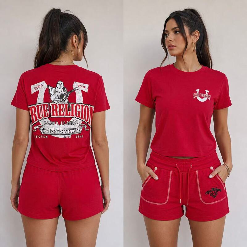 Fc1483 European and American Cross-Border U Series Fashionable Printed Top and Shorts Set in Black and Red, Comfortable and Casual
