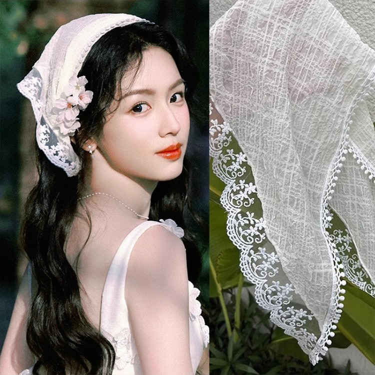 周也吳昕同款蕾絲頭巾韓系復古海邊拍照方巾春夏季新女三角巾頭飾