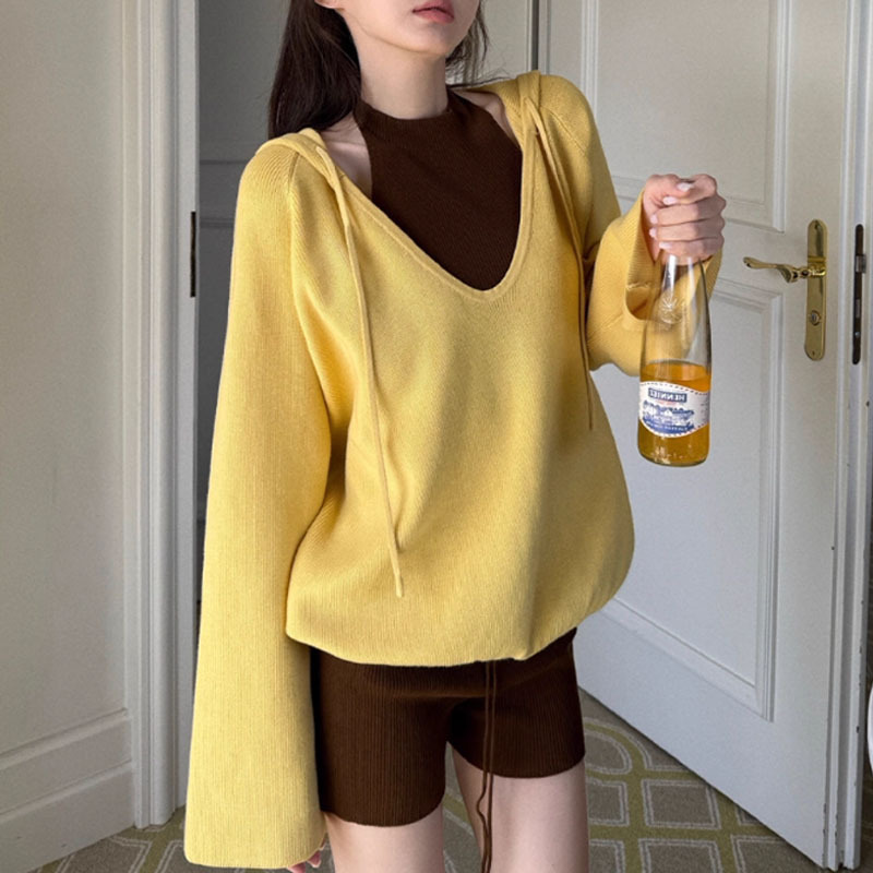 抽绳连帽深V领外搭长袖针织衫女早秋新款休闲宽松简约外套2025女|undefined