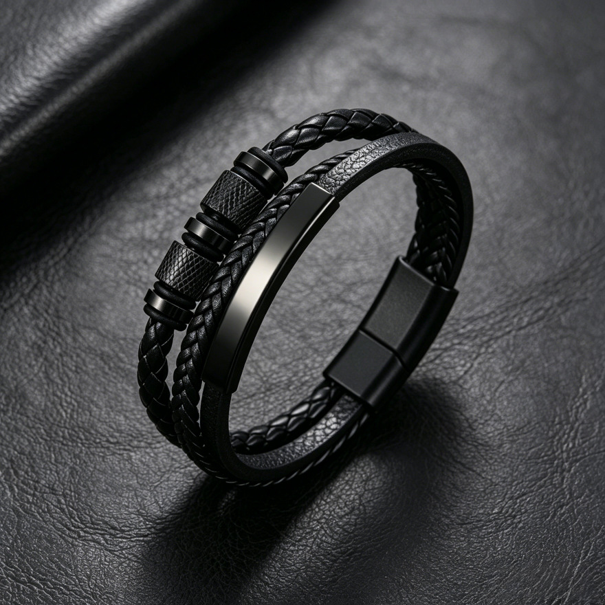 Three-Layer Braided Leather Rope Bracelet for Men, Personalized and Fashionable Titanium Steel Accessory Bracelet with Magnetic Clasp, Stackable Multi-Circle Bracelet