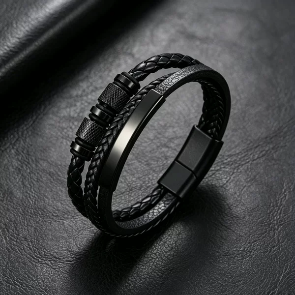 Three-Layer Braided Leather Rope Bracelet for Men, Personalized and Fashionable Titanium Steel Accessory Bracelet with Magnetic Clasp, Stackable Multi-Circle Bracelet