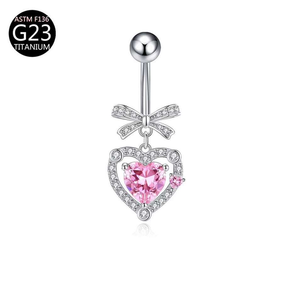 Fuchsia belly button piercing with bow, pendant drop-shaped, European style