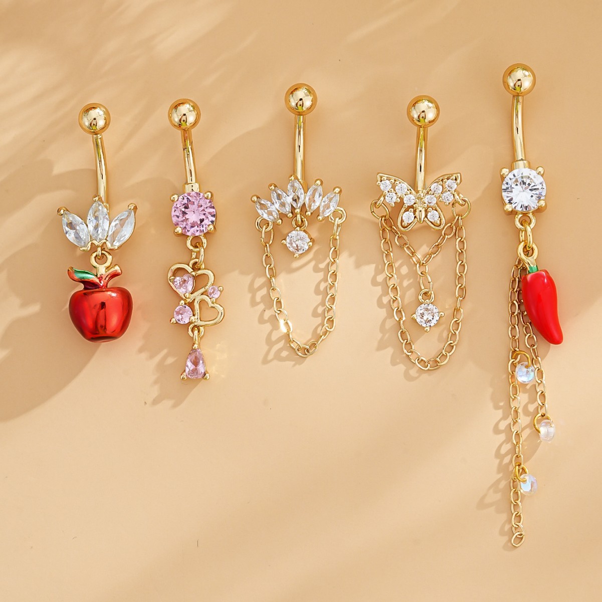 Heart-shaped Zirconia Belly Button Ring With Stainless Steel Chain_voghion.com