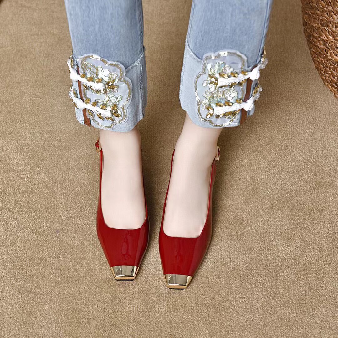 Giày sandal cao gót nữ quai ngang mũi vuông da thật gót nhọn 6 cm — màu đen