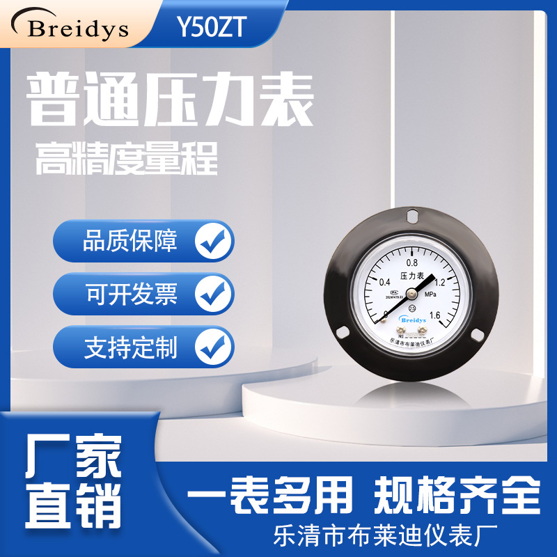 压力表Y50ZT轴向带边压力表0-1.6mpa油压液压气压水压
