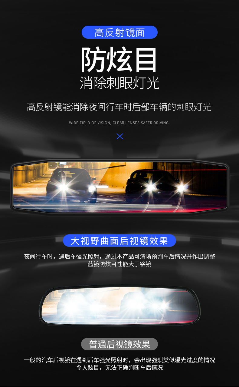 Car Modified Interior Reversing Mirror, Large Field of View Rearview Mirror, Interior Rearview Mirror, Reversing Anti-Dazzle Blue Mirror Reflection