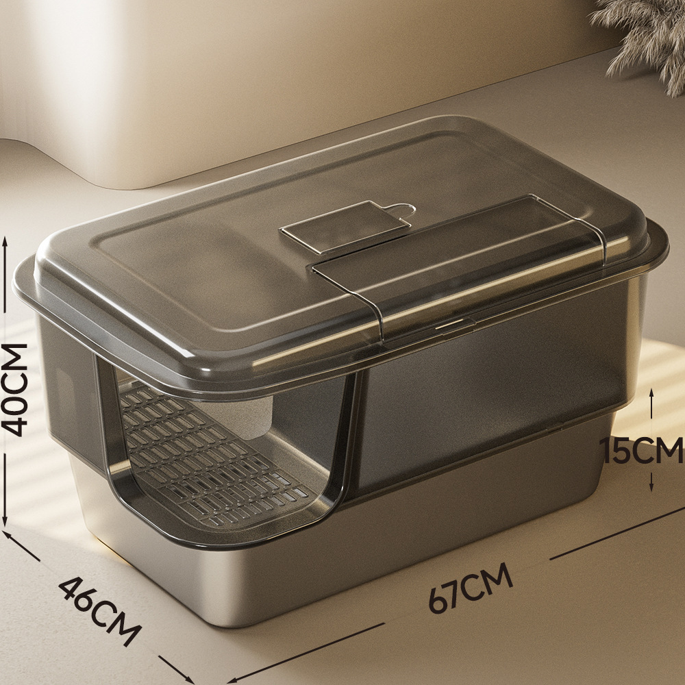 Pasillo tipo lavabo de arena para gatos de acero inoxidable de gran tamaño semicerrado inodoro para gatos anti-exterior para artículos de mascotas
