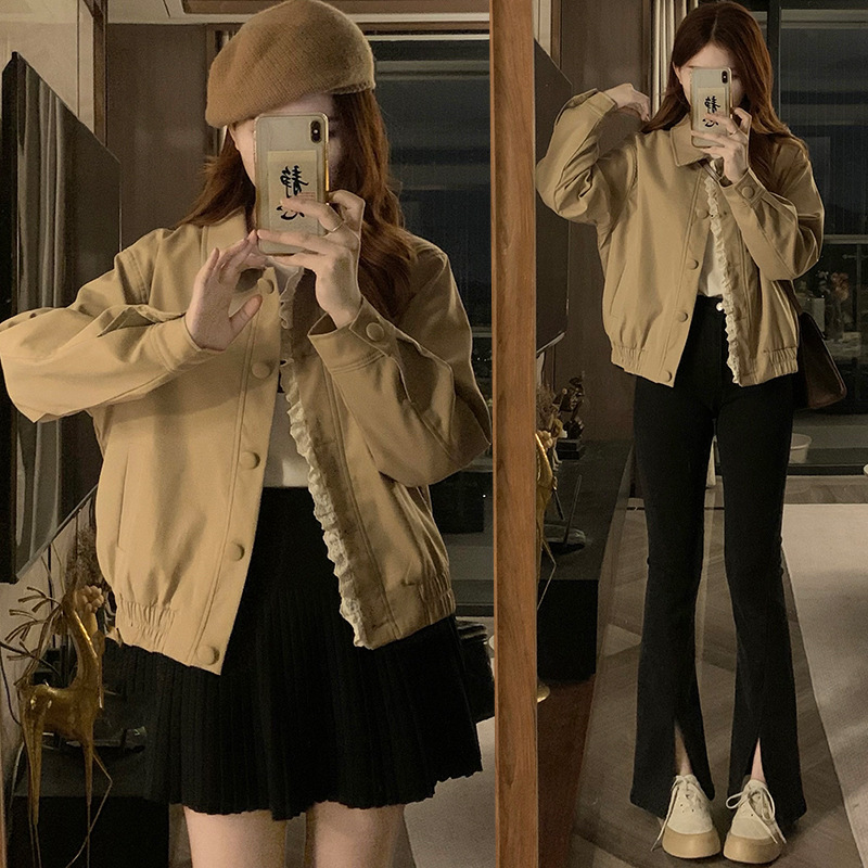 实拍 短款夹克外套女秋季韩系少女感波边设计感上衣