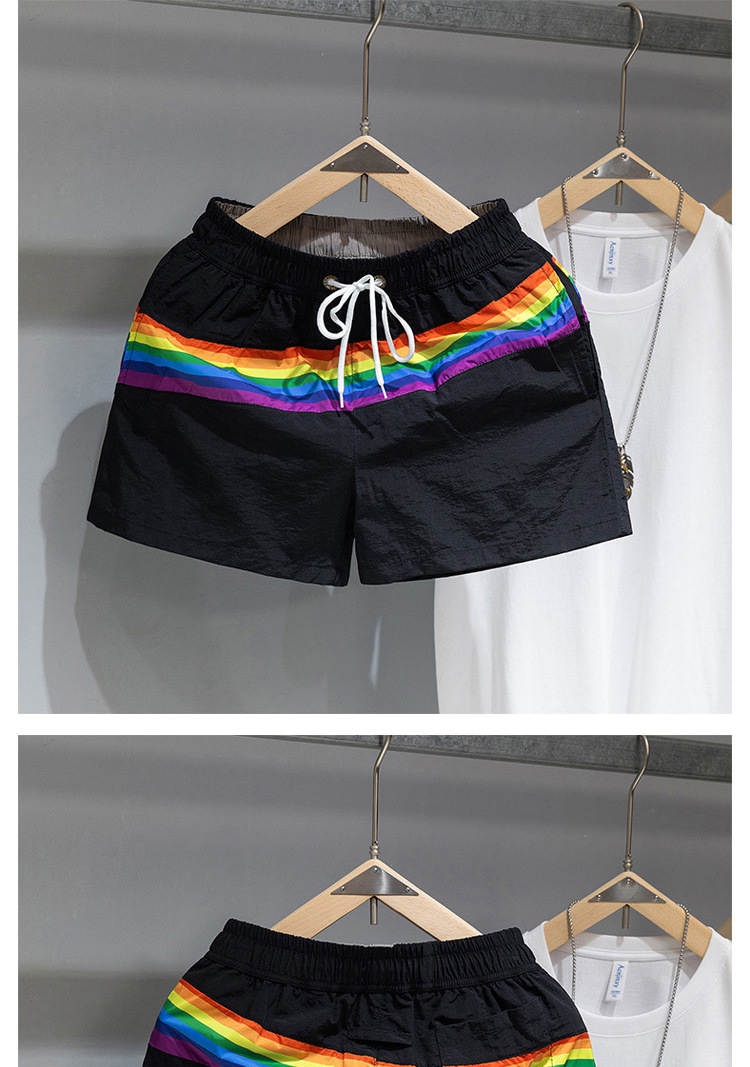 Men's Trendy Beach Shorts Loose Fit Rainbow Stripe Casual Sports Fashion Three Quarter Length Summer Bottoms_viptrois.com