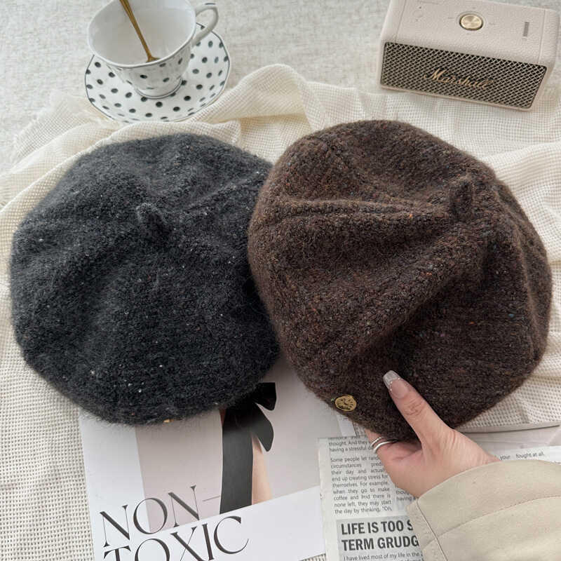 Boina de punto mujer otoño invierno coreano universal Inglés retro octogonal pintor sombrero mostrando cara pequeña lana calabaza sombrero